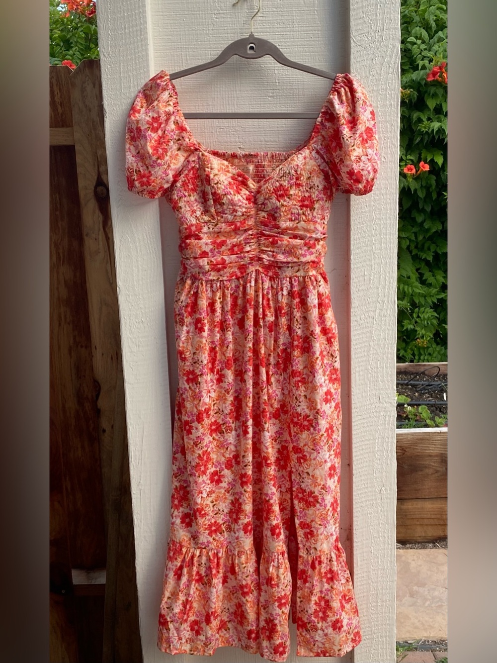 Band of the Free Puff Sleeve Red Pink Floral Midi Dress Milkmaid Cottagecore - S